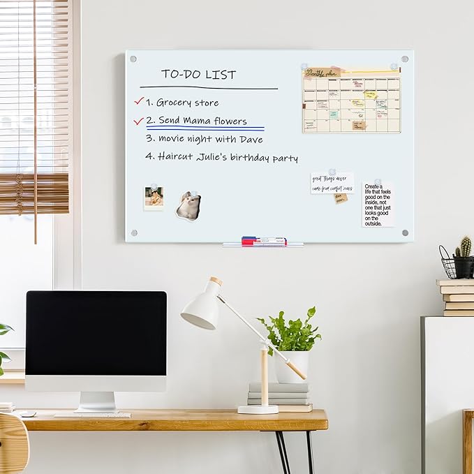 maxtek Magnetic Glass Dry Erase White Board, 36 x 24 Inches Glass Board for Wall Mounted, Includes 6 Magnets, 3 Markers and 1 Eraser for Classroom Home, Office Supplies (White)