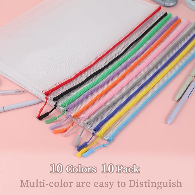 MultiBey 10 Pack 10 Colors Mesh Zipper Pouch Bags, A3-16.5 x 11.4 Inch Extra Large Mesh Document Bags Waterproof Zipper File Pouch Pouch for Office Supples, Puzzles & Games Organizing Storage