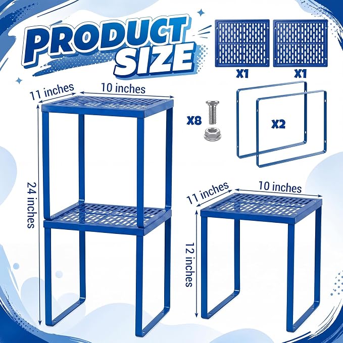 Colarr 2 Pcs Locker Organizer Shelf Stackable 2-Tier Shelves Fits Standard Size School Lockers Heavy Duty Metal Locker Shelf for School Office Gym Lockers Home Storage 11x 10 x 12 Inch(Deep Blue)