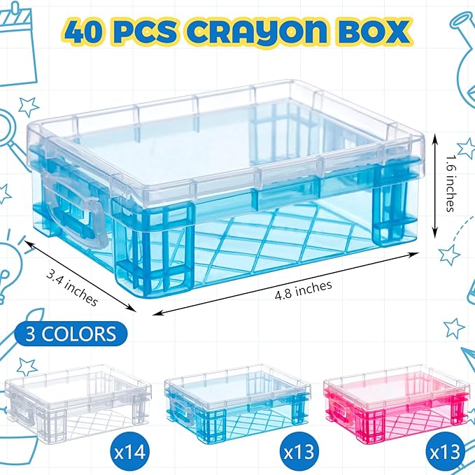 Suzile 40 Pcs Plastic Crayon Boxes Holds 24 Crayon with Snap Lid Storage Container Clear Stackable Case for School Office Classroom Supplies Pen Pencil Craft(Clear, Red, Blue)