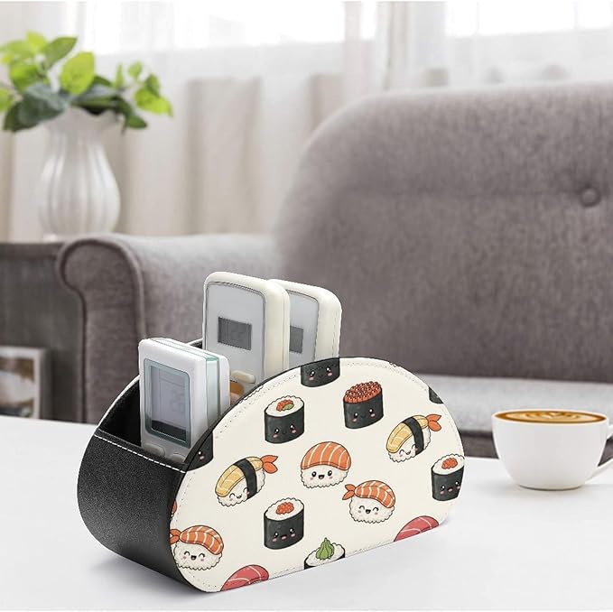 Remote Control Organizer Box with 5 Compartments, PU Leather Desktop Caddy for Media Controllers, Office, and Living Room, Kawaii Food Theme Japanese Sushi