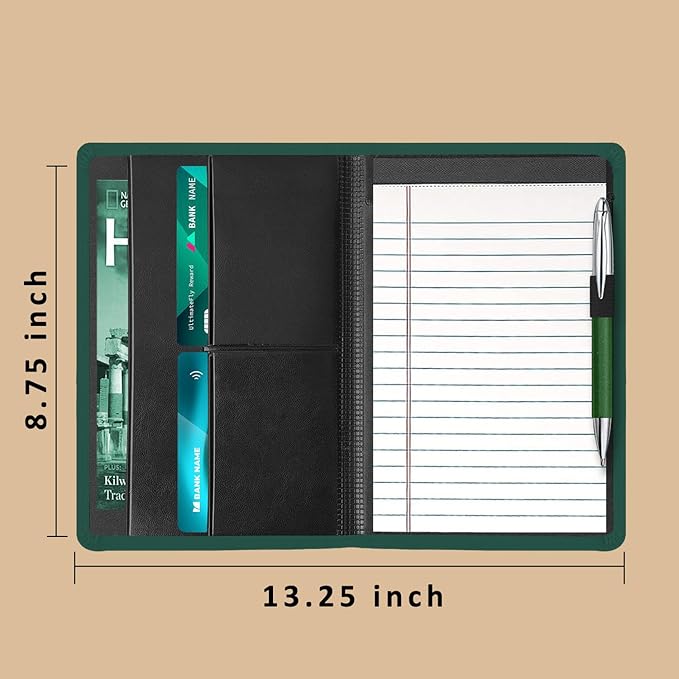 Padfolio Binder A5 Document Organizer with Refillable Lined Notepad, Junior Size Folder Portfolio for Men Women,Dark Green.