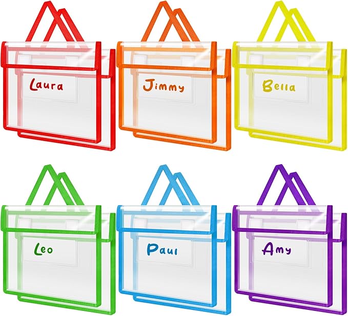 Teling 12 Pack Thick Clear Book Pouches with Blank Name Tags and Handles Book Baggies Bags Bins Organizer for School Classroom Library Pockets Students (14 x 11 Inch,Stylish Color)
