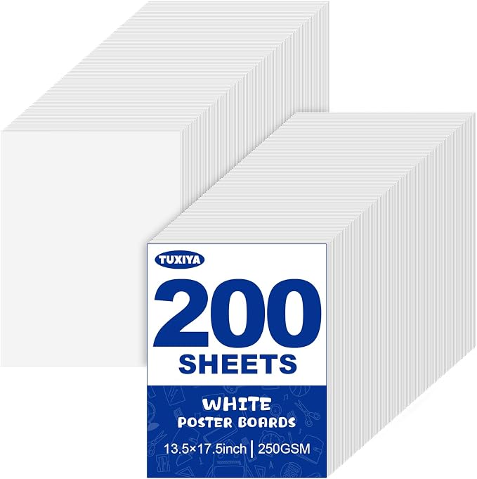 TUXIYA 200 Pack White Poster Board,13.5" x 17.5" White Poster Paper Bulk,250GSM/92LB Heavy-Weight Blank Poster Board for Arts,Craft,Projects Presentations,Drawing Scrapbooking