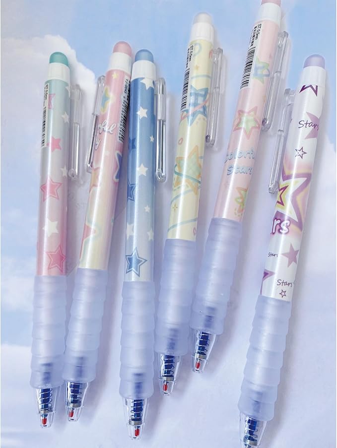 MOZXIRZ 6 Pcs Erasable Gel Ink Pens Retractable Pens 0.5mm Blue Ink Pen Office School Supplies Cute Aesthetic Pen (Blue Ink-Stars)