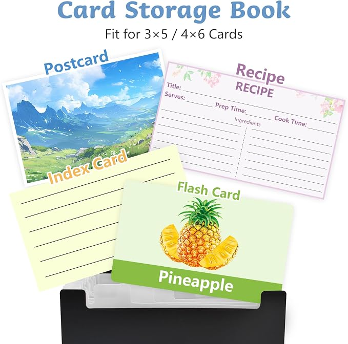 2 Pack 4x6 Inch Index Card Holder Organizer Box 3x5 Inch Flash Note Card File Box Recipe Storage Case with 13+13 Expandable Pocket and Label Sticker Large Capacity Coupon Receipt Organizer Book