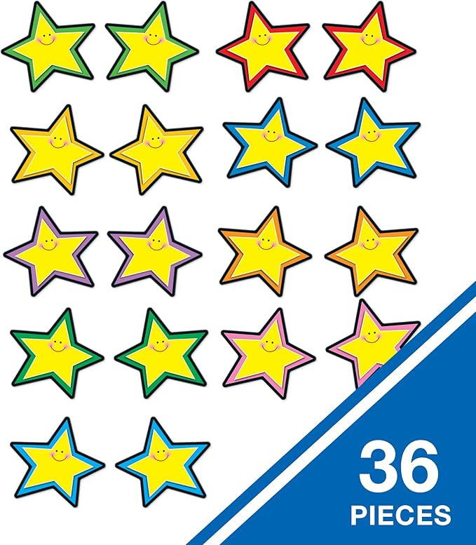 Carson Dellosa 36-Piece Yellow Stars Bulletin Board Cutouts, Yellow Stars with Smiley Faces Cutouts for Bulletin Board, Star Classroom Cutouts, Elementary Classroom Décor