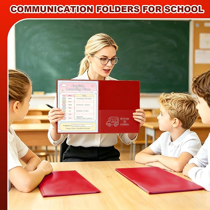 24 Pcs Back to School Take Home Folders for Elementary Students 2 Pocket Folders with Clear Front Pocket 4 Inner Pockets Plastic Parent Teacher Communication Folder 11.81 x 9.45 Inch (Red)