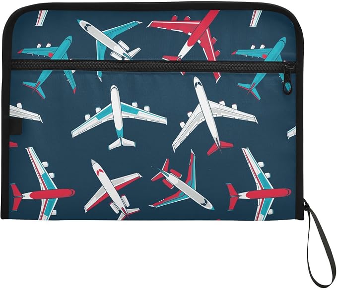 Airplanes Dark Blue File Folders,Plastic Folders with 13 Pockets,Expandable File Folder for Documents School Students Office,Aesthetic Folder with Labels A4 Letter Size