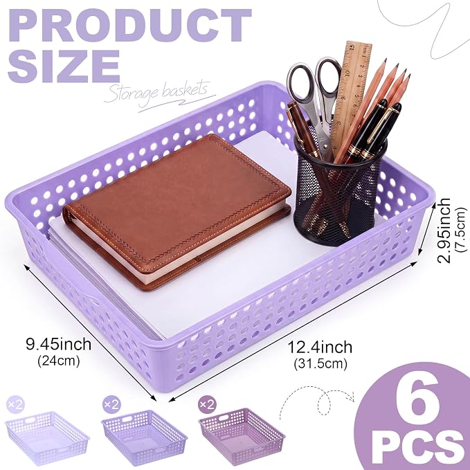 Purple 6 Pack Plastic Classroom Paper Baskets, Turn in Trays, Organizing Desk Tray for A4 Papers, Classroom Storage Turn in Bins, for Teachers and Students, Office Desk Room Trays