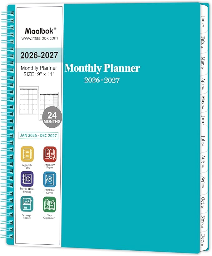 2026-2028 Monthly Planner - Monthly Calendar 2026-2028 with Two-Side Pocket, July 2026 - June 2027, 9" x 11", 2 Years Calendar Planner, Cardboard Cover