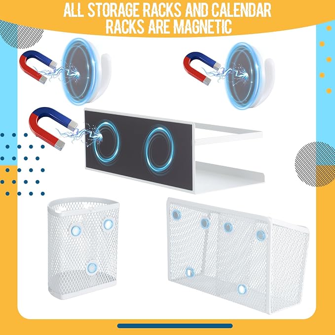 5 Pcs Classroom Whiteboard White Magnetic Organizer Set with 3 Magnetic Pen Holder Calendar Rod and Book File Shelf for Stationery Organizer Classroom Back to School Supplies