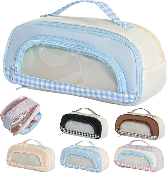 Cute Kawaii Pencil Case Pouch Sweet Check Window Pen Box Holder Organizer for Office Workspace Supplies Desk Accessories Travel Essentials Aesthetic Trendy Cool Stuff Gift Handy Handle (Blue)