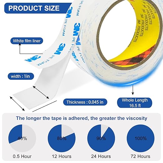 3M Double Sided Tape 0.39"×16.5ft No Residue,Picture Hanging Strips Heavy Duty Mounting Tape, Removable PE Foam Tape Waterproof for Poster Tape, Carpet Tape Rug Gripper,Art & Craft Tape