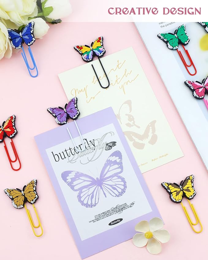 16 Pcs Cute Bookmark Paper Clips Cartoon Silicone Bookmarks with Colorful Paperclips for Kids School Teacher Office Supply Student Stationery (Butterfly Style)