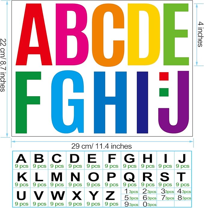 Bemeol 30 Sheets Large Letter Sickers 4 inch Vinyl Letter Alphabet Number Stickers for Bulletin Board Classroom Mailbox Home Decor(Colorful)