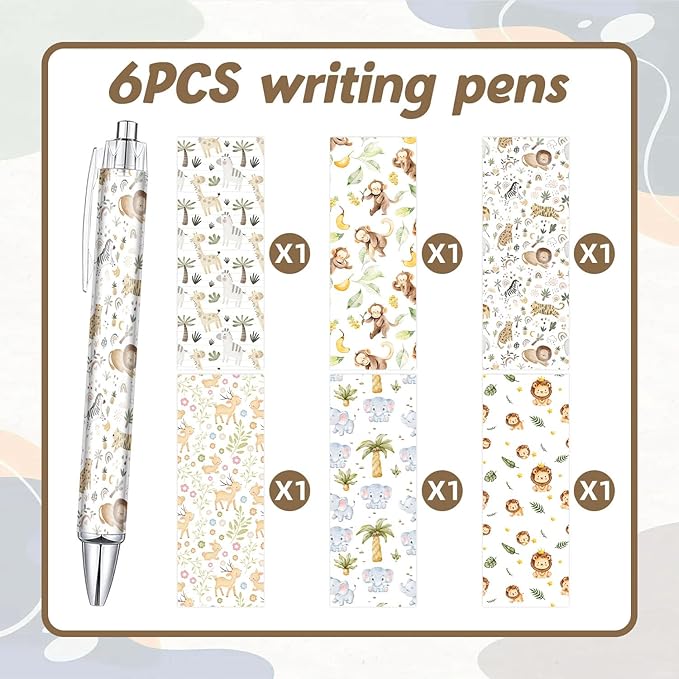 6PCS Wild Animals Pattern Pens Set, Wild Animals Reusable Writing Pens, Cute Accessories Items Stationary, Perfect for School, Office Supplies, Party Gifts, Theme Notebooks, Sticky Notes, Desk Decor