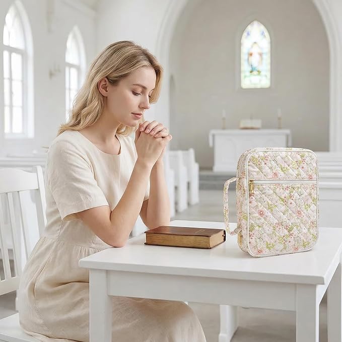 Bible Cover Case Durable Handle Quilted Bible Carrying Case for Girls Bible Study Supplies Accessories (Spliced Flower)