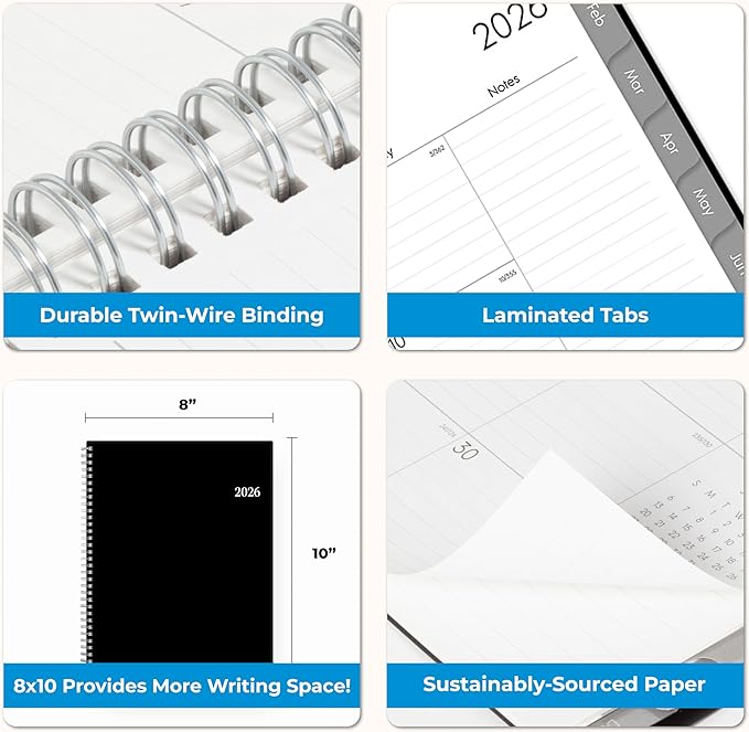 Blue Sky 2026 Monthly Planner Calendar, January 2026 - December 2026, 8" x 10", Monthly Layout, Flexible Cover, Silver Wirebound, Laminated Tabs, Enterprise