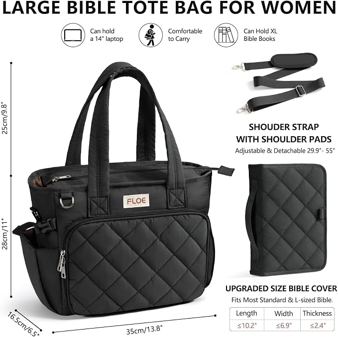 Large Bible Bag w/Bible Cover Case for Women, Puffer Bible Tote Bag Quilted Church Bag Carrying Case w/Shoulder Strap, Bible Study Supplies Journaling Kit Accessories Women Christian Mothers Day Gifts