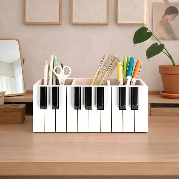 Piano Keys Desk Organizer, 3 Compartment Wooden Pencil Holder, Music-Themed Pen, Pencil, Scissors, Ruler Storage Box for Office, Home, Classroom