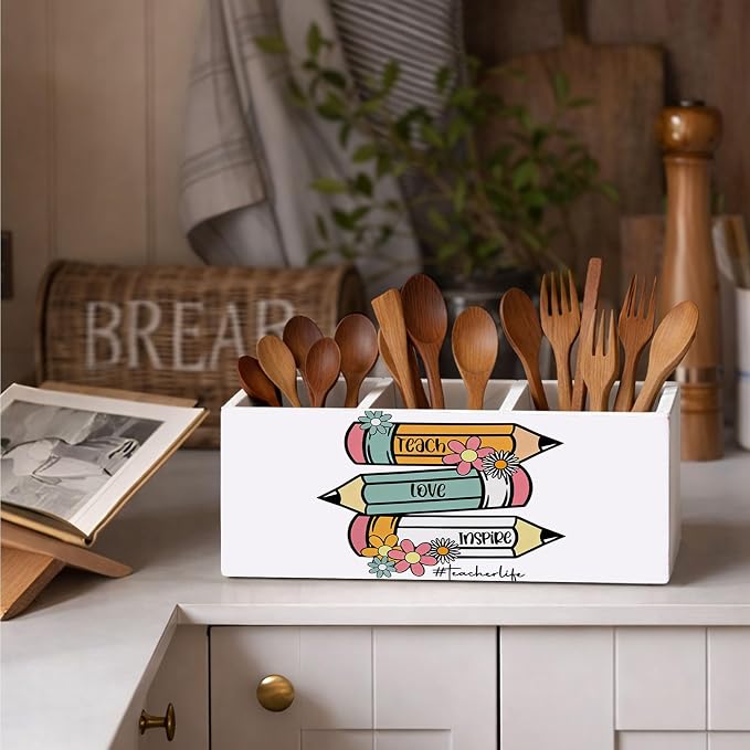 Teacher Life Wooden Desk Organizer, Cute Pencils Design Pen Pencil Holder with 3 Compartments, Decorative Office Supply Storage Box for Desk, Home, Classroom, Gift for Teachers