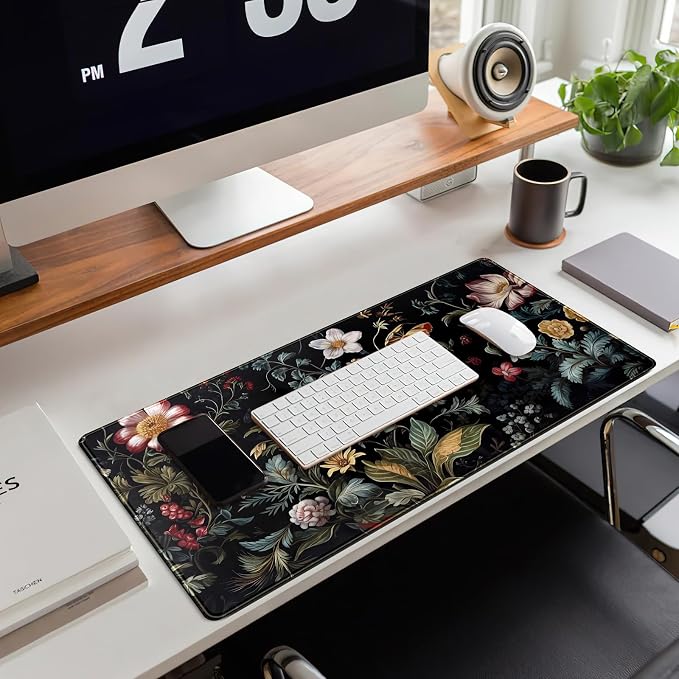 Dark Floral Desk Mat Vintage Aesthetic Desk Pad Flower Plant Black Extended Mouse Pad Large Gaming Mousepad XL Laptop Computer Mouse Keyboard Mat 31.5 x 11.8 in for Office Decor
