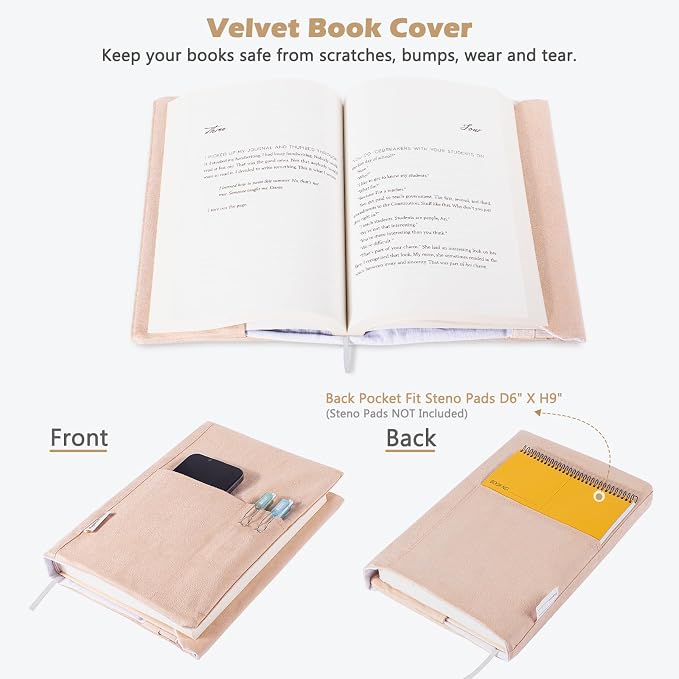 APLUFINE Velvet Book Cover for Paperbacks, Reusable Fabric Book Cover with Pockets, Adjustable Book Protector for Softcover Books, Journals & Bibles