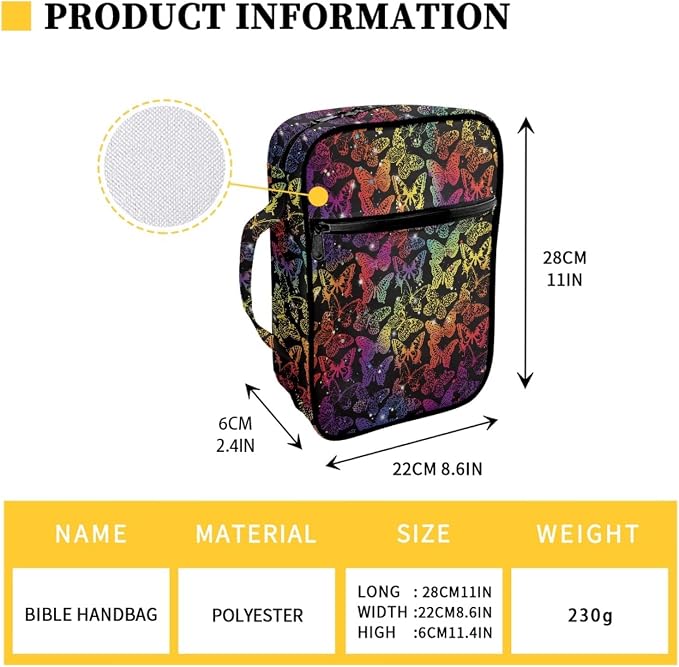 Coldinair Rainbow Glitter Butterflies Print Bible Cover Bag for Women Teens Kids Girls,Butterfly Carrying Book Case Church Bag Bible Protective with Handle and Zippered Pocket