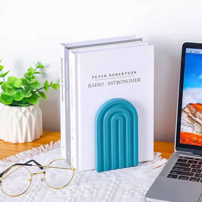Harloon 4 Pcs Boho Arch Wooden Bookends, Decorative Rainbow Book Stoppers with Non-Slip Metal Base, 5x3x4 Inches, Cute Shelf Decor for Heavy Books, Home Office Study Desk Organizer(Bright Color)