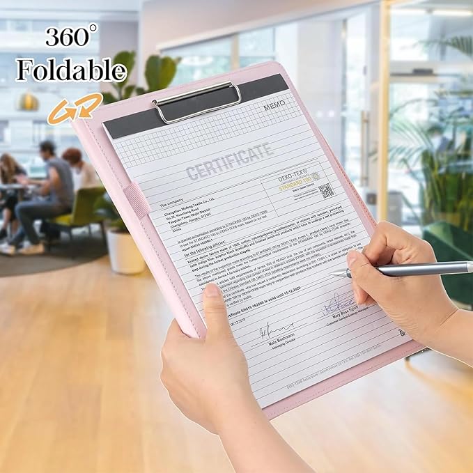 Portfolio Folder Padfolio with A4 Clipboard, PU Leather Portfolio Clipboard Business Binder Writing Clip Board Organizer for Legal Documents Business Card Men Women Pink