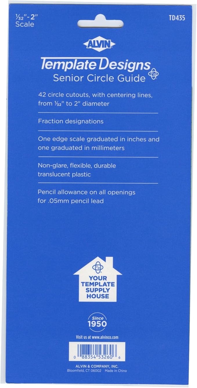 Alvin, TD435, Senior Circle Guide Template, Drawing and Drafting Tool - 42 Circles, 5 x 8 x .030 Inches
