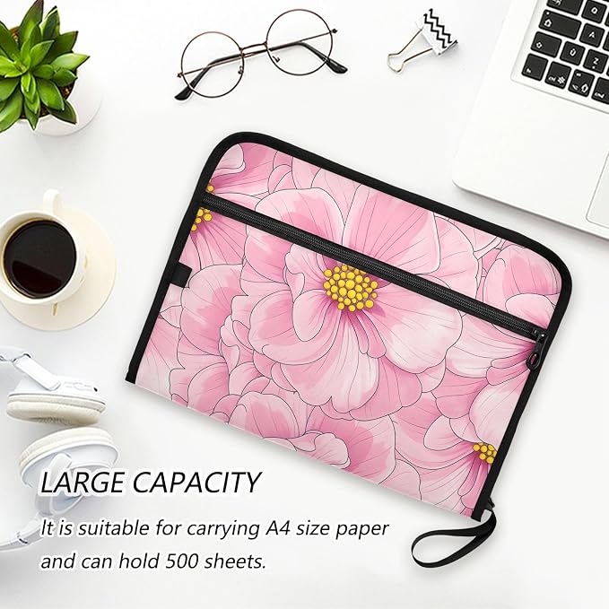 ALAZA Pink Flowers Floral Expanding Filing Folder, 13 Pockets Expandable Document Organizer Folder with Zipper Closure for Home Office A4 Letter Size Paper Document