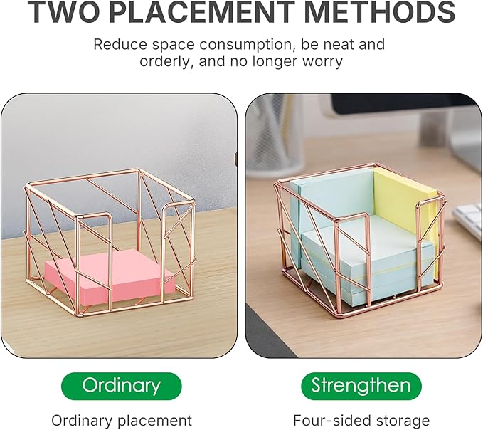 Rose Gold Geometric Sticky Note & Memo Cube Holder, Post Note Dispenser & Desk Organizer Metal Wire for Home, School, Office Supplies (Holder Only)