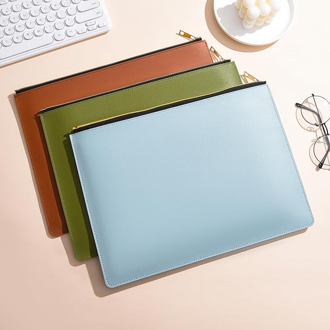 Enyuwlcm PU Leather A4 File Folder Zipper Document Holder Envelope Folder Case for Receipt Contract (1, Light Blue)