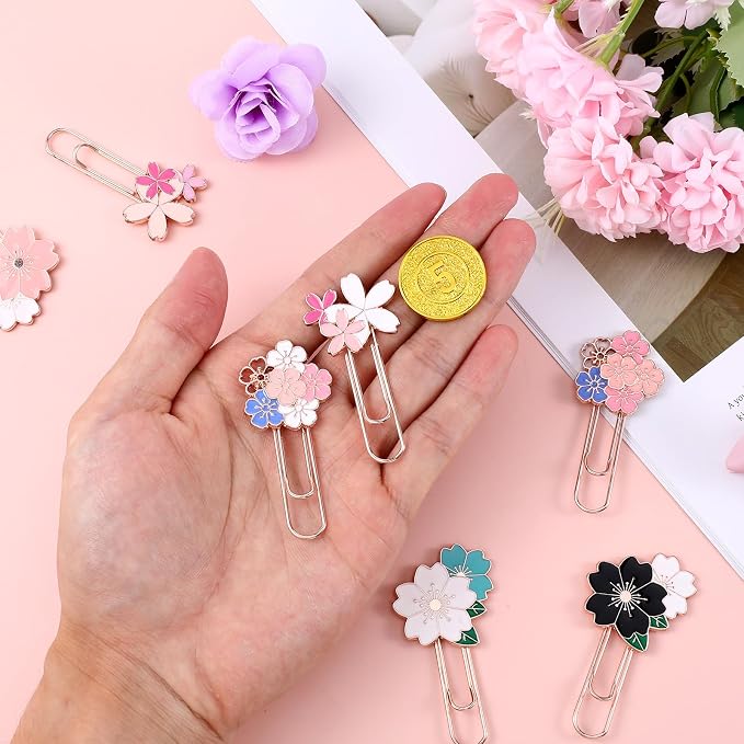 7Pcs Flower Paper Clips Cherry Blossom Clip, Decorative Fancy Paper Clips, Flowers Paper-Clips Bookmarks Cute Metal Paperclip Bookmark for Teacher Office Desk Stationery Accessories