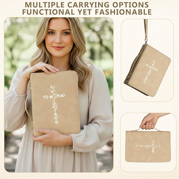 LISWIT Mother's Day Gift Bible Cover for Women, Large Bible Case - Durable PU Leather Carrying Bag Sleeve, Christian Gifts for Women, Girls, Teens (Beige/Gold)