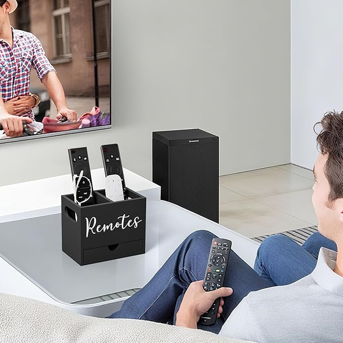 Remote Control Holder, TV Remote Holder with Drawer, Wood Remote Control Organizer for Table, Media Storage Box for Nightstand, Living Room (Black,2 Slots)