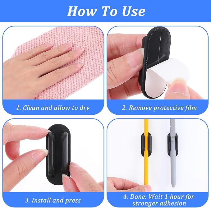 50 Pcs Adhesive Pencil Holders for Desk and Wall, Silicone Marker Organizer for Clipboard Reusable Teacher Supplies for Classroom School Office Desk Accessories (Black)