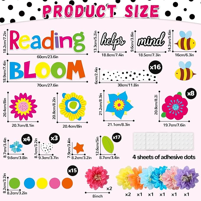 Reading Flower Bulletin Board Decorations with 3D Tissue Paper Flowers Back to School Spring Floral Reading Helps Your Mind Bloom Classroom Decor Bulletin Board Border Cutouts Set School Supplies