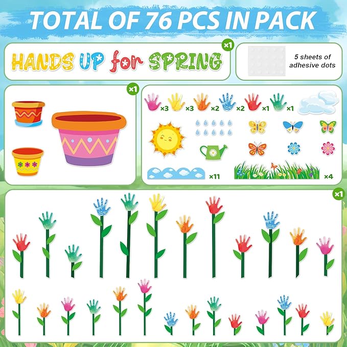 Spring Classroom Bulletin Board Decorations Hands Up for Spring Cutouts Colorful Handprint Flowers Bulletin Board Decoration for Classroom School Office Chalkboard Home Wall Door Decor Supplies