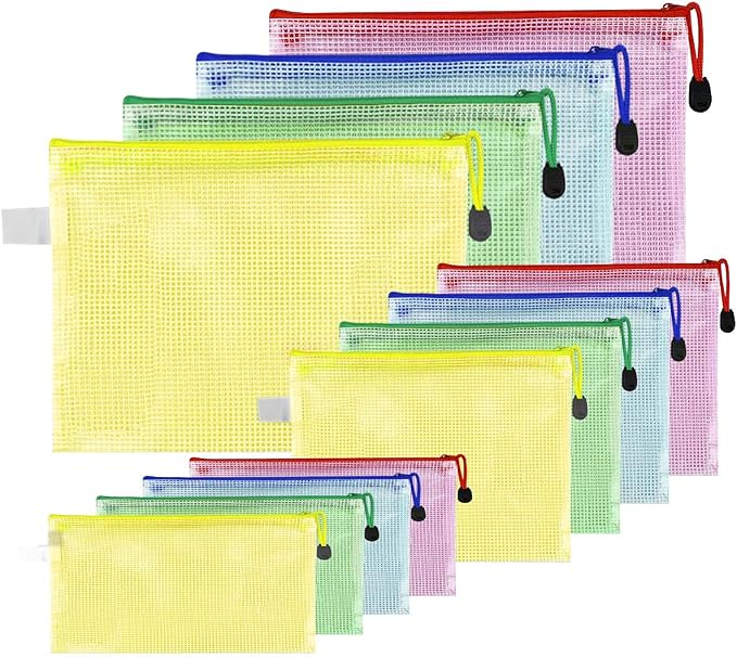 12 Pack Document Zipper Pouch Travel File Mesh Bags A4 A5 A6 Size School Office Supplies Colors Plastic Bag for Storage Waterproof Zip Folders Cosmetics Pouches Letter Pencil PVC Organizing for Home