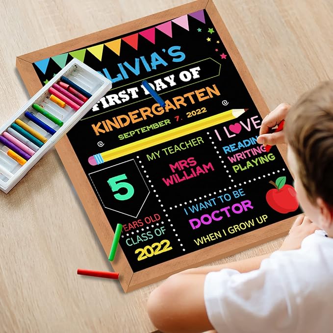 First & Last Day of School Board, 11x14 Inch Double Sided Back to School Sign for Kids Girls Boys, My 1st Day of Chalkboard Sign Photo Prop, Wooden 1st Day Boards of Preschool Kindergarten