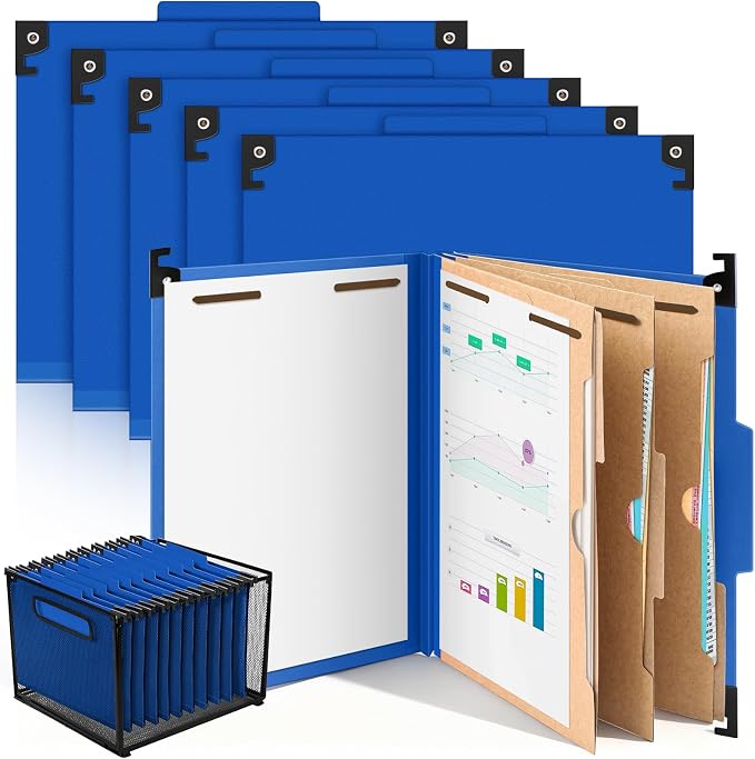 10 Pack Hanging Classification Folders, 3 Pocket Dividers, Letter Size, 8 Fasteners, 4" Expansion, 1/3 Tab Cut, Recycled Pressboard Manila File Folder Bulk Organizer for School Office Medical Law