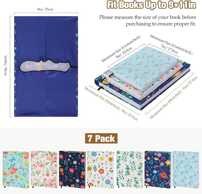 MoKo Book Cover, Stretchable Reusable Jumbo Book Cover Protector for Textbook Hardcover Books up to 9x11 in, Fabric Books Sox, Back to School Supplies, 7 Pcs, Flowers