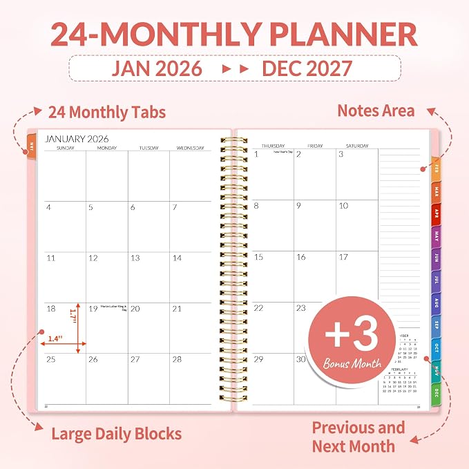 SUNEE 2026-2027 Planner - 24 Months (Jan 2026 - Dec 2027) - 7"x10" Monthly Spreads & Yearly Planner, Pink