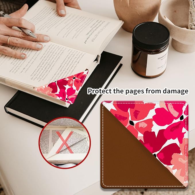Cute Leather Bookmarks, Fun Triangle Making Corner Bookmark, Book Accessories for Reading Book Lovers, Unbreakable Page Markers for Women Men Pink Red Flower