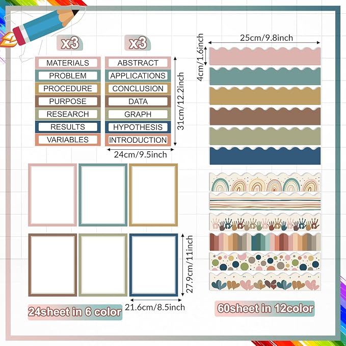Fuyoooo 90 Pcs Science Fair Board Supplies 60 Trim Scalloped Bulletin Board Borders 24 Presentation Board Subtitles 6 Science Fair Titles for Classroom Display Boards(Boho)
