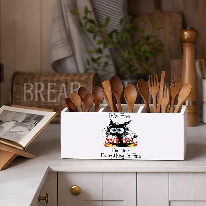 Funny Cat Pen Holder, Inch Desk Organizer, “It’s Fine, I’m Fine” Cat Illustration, Cute Desk Storage for Pens, Pencils, Scissors – Unique Gift for Cat Lovers, Teens, Students