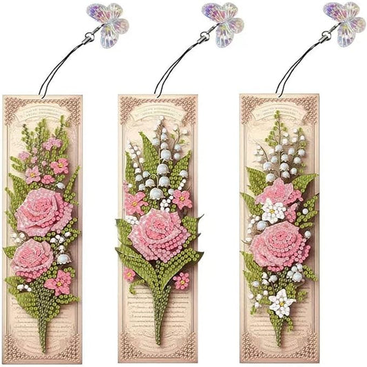 3Pcs DIY Diamond Art Painting Bookmarks with Colorful Butterfly Pendant PET Bookmark Ornament Double Sided Pattern Single Sided Diamond Book Marker Clip Gifts Tags-Pink Rose